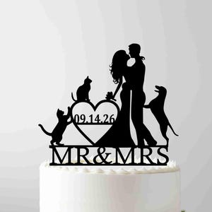 犬と猫のウェディングケーキトッパー、犬のウェディングケーキトッパー、カップルのシルエットのケーキトッパー、ユニークなトッパー、日付付きケーキトッパー、ユニークな