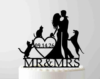 Decorazione per torta nuziale con cane e gatto, Decorazione per torta nuziale con cane, Decorazione per torta con silhouette di coppia, Decorazione unica, Decorazione per torta con data, unica
