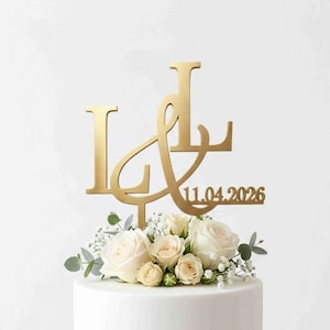Personalized Monogram Wedding Cake Topper with Date, Custom Name Initials Cake Topper for Wedding, Anniversary Cake Topper, Gold Cake Topper