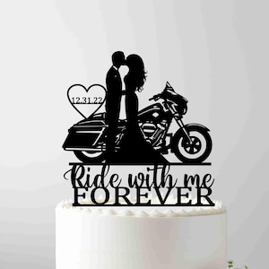 "Viaje comigo para sempre", Topo de Bolo de Casamento com Motocicleta Street Glide, Topo de Bolo de Casamento com Motocicleta, Casal em Harley Davidson, Topo de Bolo com Motocicleta