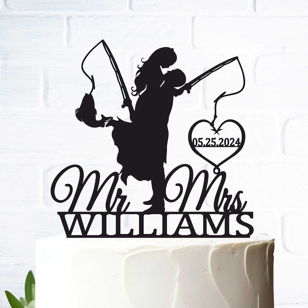 Fishing Wedding Cake Topper, Bride and Groom with fishing rod, Mr and Mrs Cake Topper, Personalized Wedding Cake Topper,  Hooked for Life