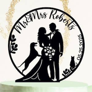 Personalized Wedding Cake Topper: Labrador, Cat, Wreath