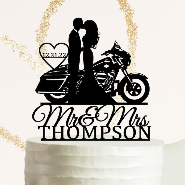 Décoration de gâteau moto Street Glide avec nom et date, décoration de gâteau de mariage moto, Couple sur Harley Davidson, décoration de gâteau moto