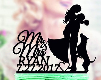 Cake Toppers with dog, topper with dog, Wedding Cake Topper Mr & Mrs with dog, Silhouette Wedding Cake Topper Dog , Pet toppers