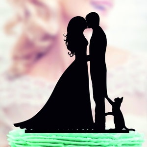 Wedding cake topper with Cat , Silhouette Groom and Bride, Acrylic Cake Topper, Silhouette cake topper with cat, family cake topper, funny