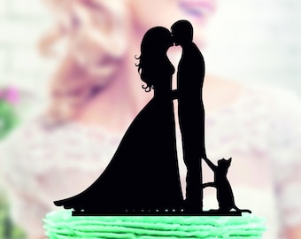 Wedding cake topper with Cat , Silhouette Groom and Bride, Acrylic Cake Topper, Silhouette cake topper with cat, family cake topper, funny