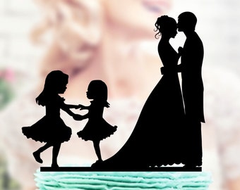 Décoration de gâteau de mariage familial deux petites filles, décoration de gâteau des mariés, décoration de gâteau des jeunes mariés pour enfants, décoration de gâteau
