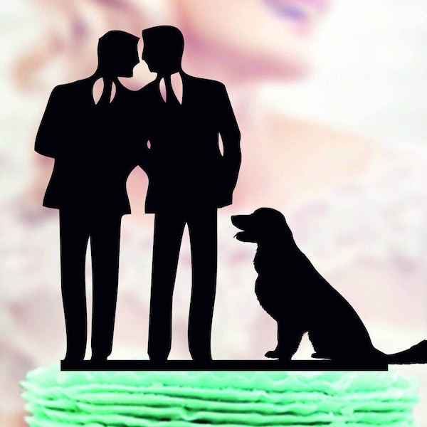 Gay Wedding Cake Topper with dog, Gay silhouette, Gay Cake Topper, Same Sex Cake Topper, mr and mr Cake Topper, Homosexual Topper