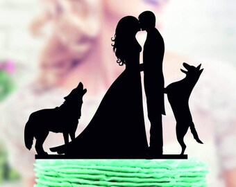 Wedding cake topper with Dog, dog + Bride + Groom Silhouette Wedding Cake Topper Dog Pet Family Wedding Cake Topper Bride and Groom Topper