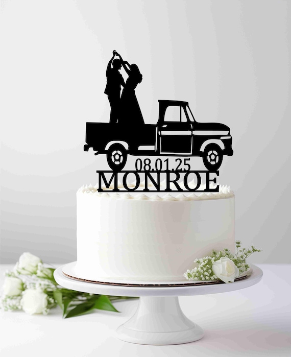 Trucker Wedding Cake Topper, Pick up truck wedding cake topper with Bride and Groom, Driver Cake Topper, Mr & Mrs Topper, Last Name and date