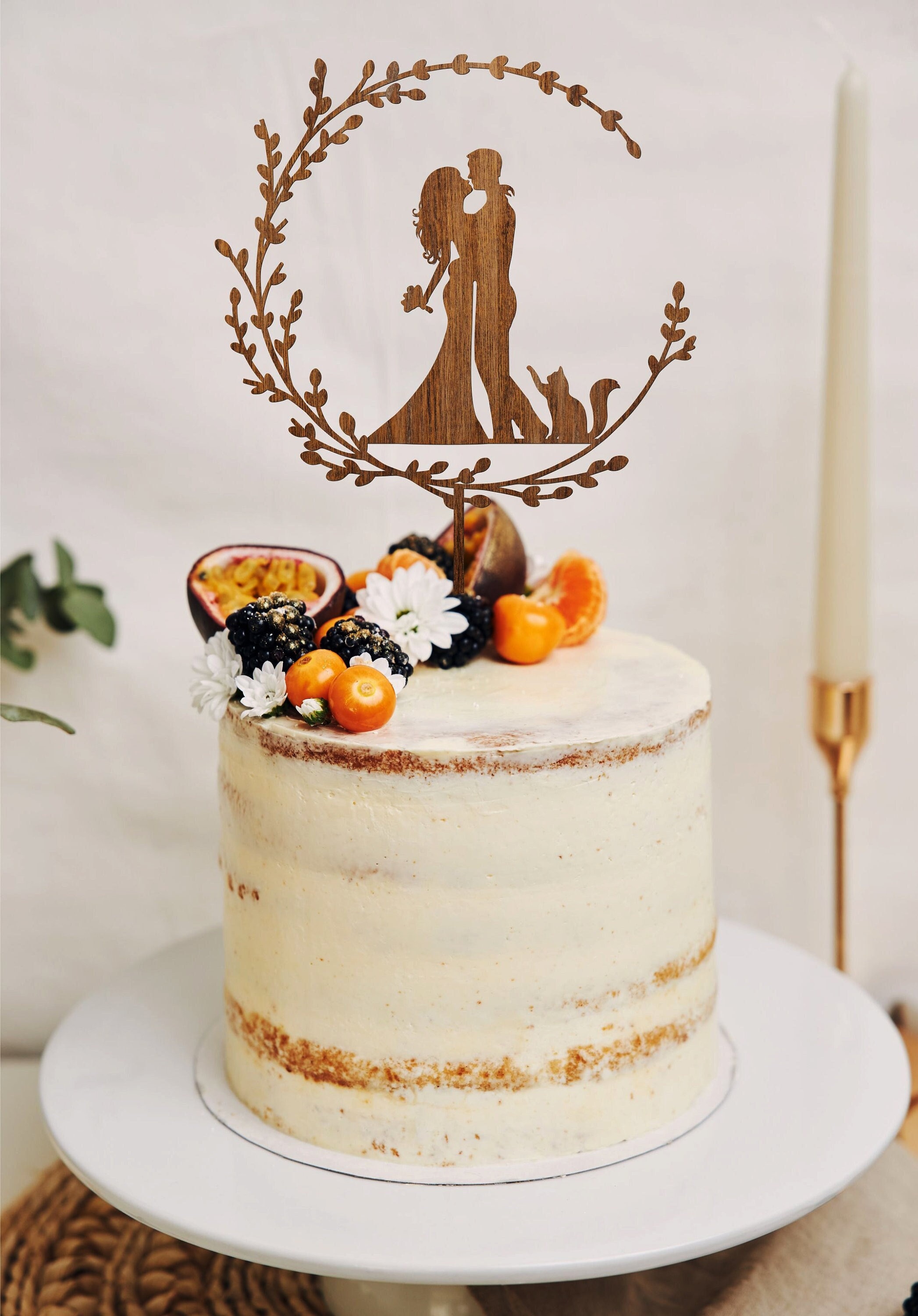 Boho Floral Wedding Cake Topper with Cat: Wood Wreath Design