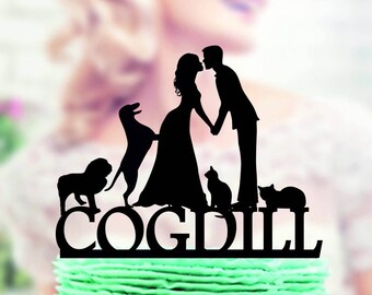 wedding cake topper with dog, Wedding Cake Topper + dog, Couple silhouette cake topper, unique cake topper,  family cake topper, Cake Topper