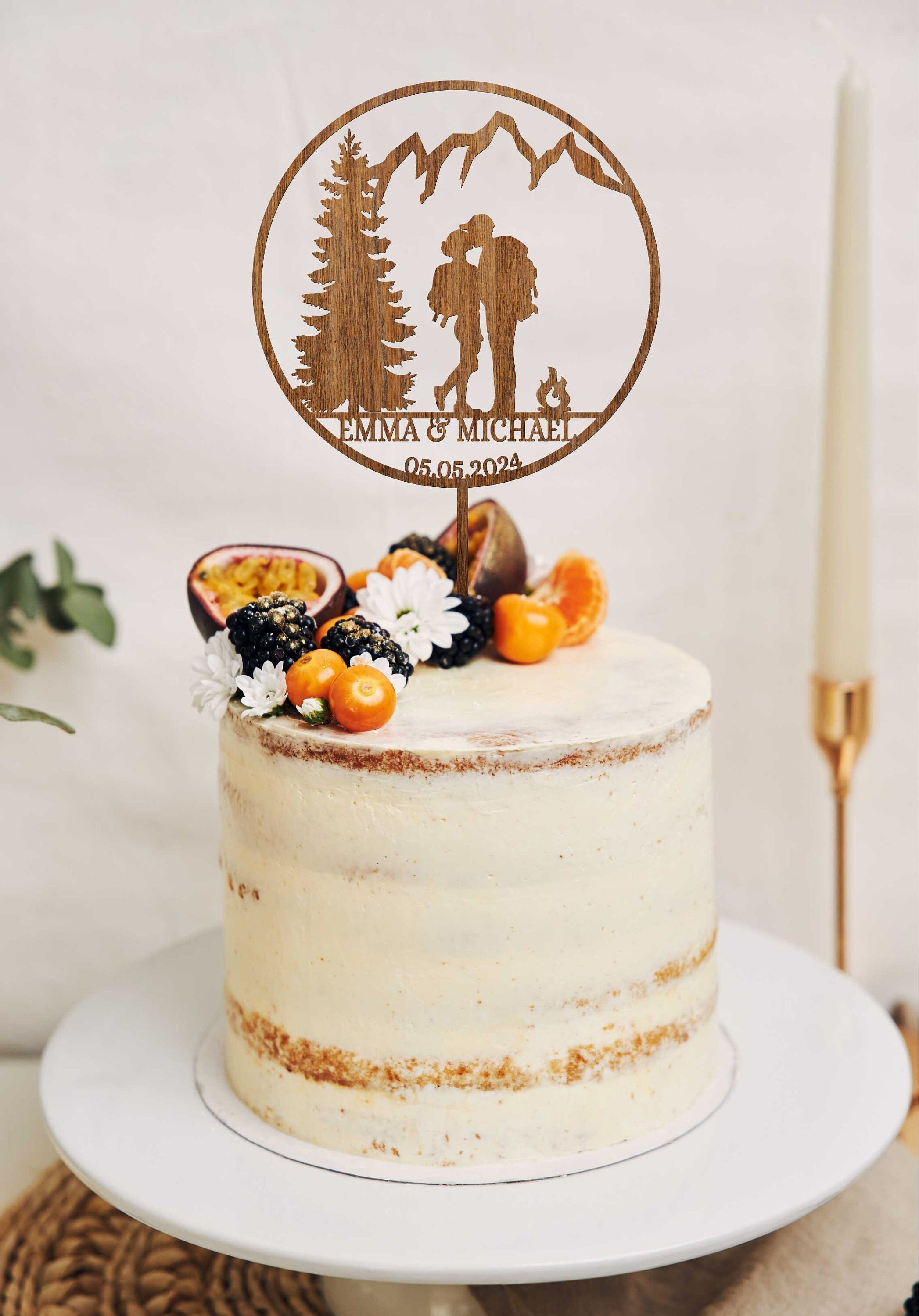 Hiking Couple Cake Topper - Acrylic Mountain Backpacking Wedding Bride & Groom Decor