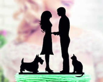 Wedding cake topper with cat and dog yorkie terrier , wedding cake topper , Wedding Cake topper with dog and cat , dog cat silhouette