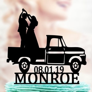Trucker Wedding Cake Topper, Pick up truck wedding cake topper with Bride and Groom, Driver Cake Topper, Mr & Mrs Topper, Last Name and date