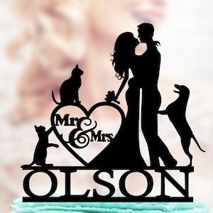 Custom Wedding Cake Topper: Couple Silhouette with Dog and Cat