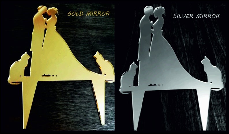 May include: Gold and silver mirror cake topper featuring a bride and groom with two cats. The text "GOLD MIRROR" and "SILVER MIRROR" is displayed above the toppers.