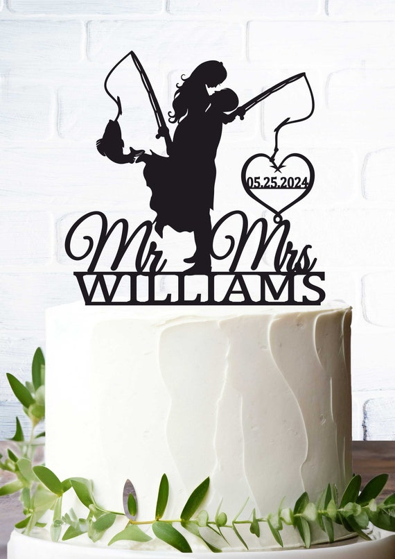 Fishing Wedding Cake Topper, Bride and Groom With Fishing Rod, Mr