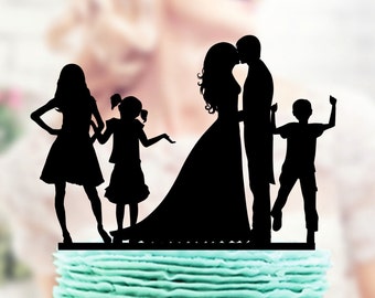 Bride and Groom with Teenager and  Boy and Little child  Cake Topper, Couple with child Cake Topper , Family Cake Topper, Toppers silhouette