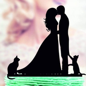 Bruidstaart topper met kat, silhouet bruidegom en bruid, acryl taart topper, silhouet taart topper met twee katten, familie taart topper