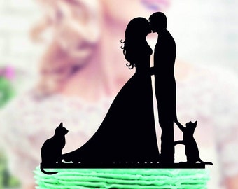 Cat Wedding Cake Topper: Bride and Groom Silhouette, Acrylic Family Topper