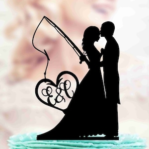 Topo de bolo de casamento de pescador, Noivos com vara de pescar, Topo de monograma, Casal de noivos, Topo de bolo de pescador, Topo de bolo engraçado
