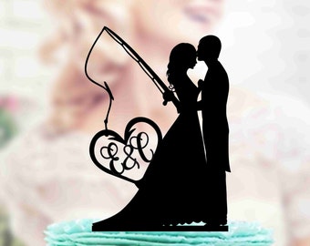 Fishing Wedding Cake Topper, Bride and Groom with fishing rod, Monogram topper, Wedding pair, Fisherman Cake Topper, Funny Cake Topper