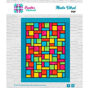 May include: A colourful stained glass quilt pattern with a blue border. The pattern is made up of squares and rectangles in shades of red, orange, yellow, green, and blue. The title "Manta Vitral" and "PDF" are printed at the top of the image.