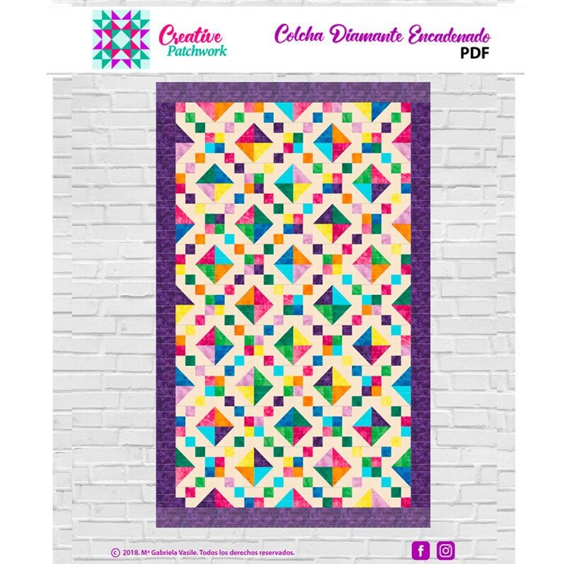 May include: A colorful quilt pattern with a diamond chain design. The quilt is made up of squares in various colors, including red, orange, yellow, green, blue, purple, and pink. The quilt is surrounded by a purple border.