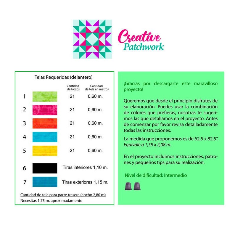 Pu&ograve; includere: Un modello di trapunta patchwork colorato con istruzioni per realizzare una trapunta. Il modello include una variet&agrave; di colori, tra cui verde, rosso, arancione, blu, giallo e nero. Le istruzioni includono un elenco dei materiali necessari, nonch&eacute; istruzioni passo passo. La trapunta &egrave; descritta come un progetto di livello intermedio.