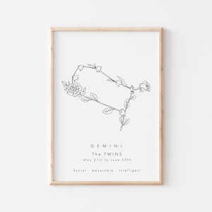 Gemini Zodiac Sign Print/Constellation Print/Zodiac Print/Birthday Gift/Astronomy Lover/Star Sign/Celestial Art/Birth Month Flower