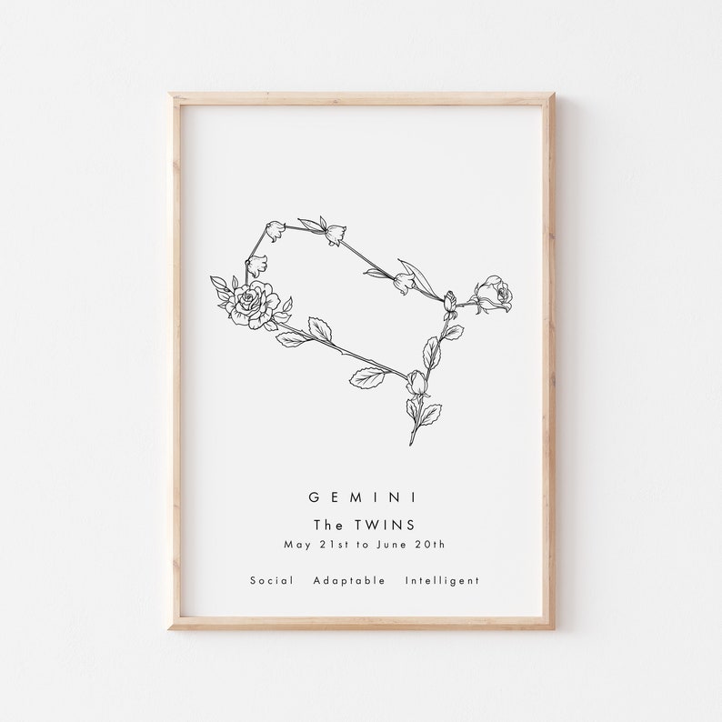 Pode incluir: Impress&atilde;o em preto e branco de uma arte de linha do signo do zod&iacute;aco G&ecirc;meos com detalhes florais. O texto "GEMINI The TWINS May 21st to June 20th Social Adaptable Intelligent" est&aacute; abaixo da imagem.
