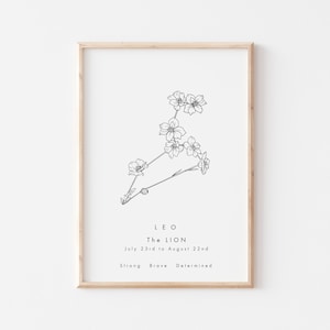 Leo Zodiac Sign Print/Constellation Print/Zodiac Print/Birthday Gift/Astronomy Lover/Star Sign/Celestial Art/Birth Month Flower Print