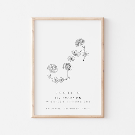 Scorpio Zodiac Sign Print/Constellation Print/Zodiac Print/Birthday Gift/Astronomy Lover/Star Sign/Celestial Art/Birth Month Flower Print