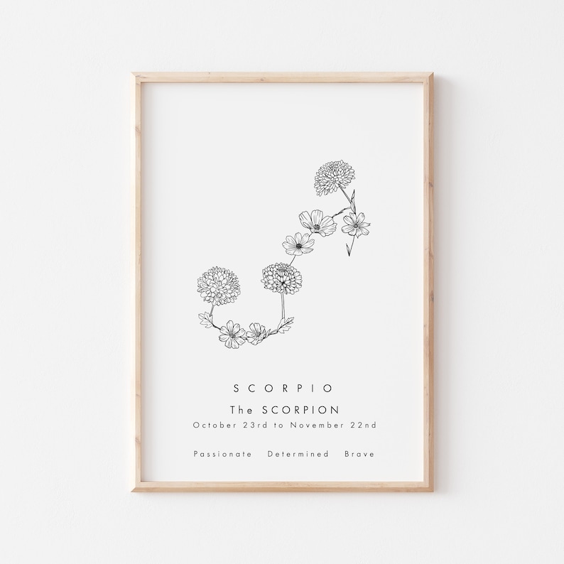 May include: Black and white line art print of the Scorpio zodiac sign, depicted as a constellation of flowers. The text "Scorpio The Scorpion October 23rd to November 22nd Passionate Determined Brave" is below the image.