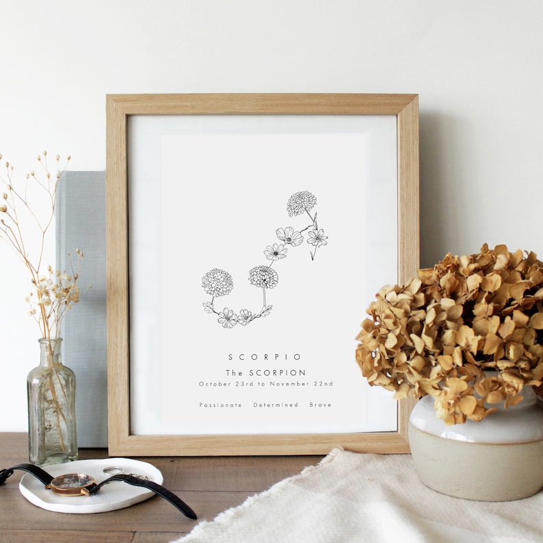May include: A framed print featuring a black and white line drawing of the Scorpio constellation, formed from stylised flowers. The text "Scorpio, The Scorpion, October 23rd to November 22nd, Passionate, Determined, Brave" is printed beneath the drawing.