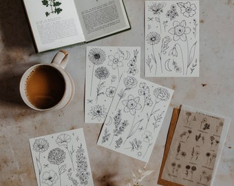 May include: Four sheets of white paper with black line drawings of various flowers. Each sheet has a different arrangement of flowers. The sheets are on a gray surface with a cup of coffee and a book. There is also a brown paper sheet with the text "Birth Flowers" and a calendar of months with flower illustrations.