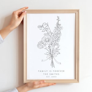 Plus de 8 fleurs Fleurs de naissance personnalisées Art/cadeau de pendaison de crémaillère/impression botanique/cadeau de famille/portrait de fleurs de famille/impression de famille