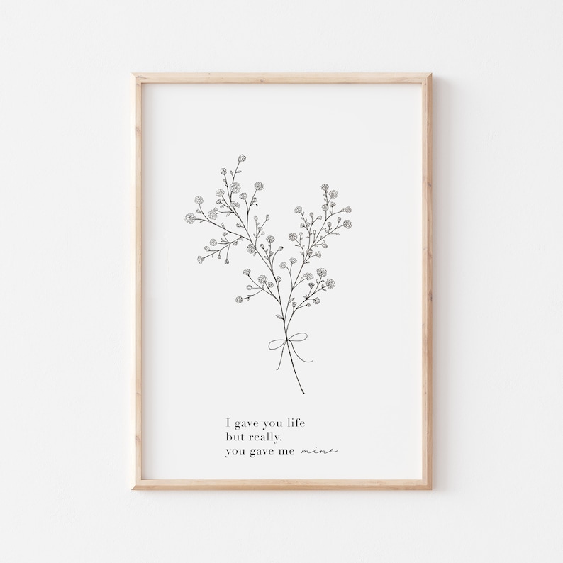 Peut inclure: Un dessin au trait noir et blanc d'un bouquet de fleurs avec une citation manuscrite qui dit "Je t'ai donn&eacute; la vie mais en r&eacute;alit&eacute;, tu m'as donn&eacute; la mienne".