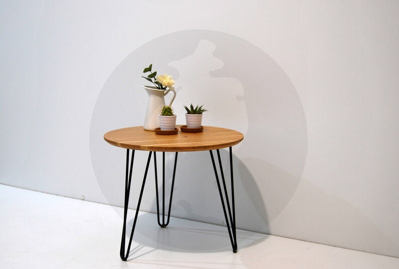 Solid Oak Round Side Table With Hairpin Metal Black Legs / Etsy UK