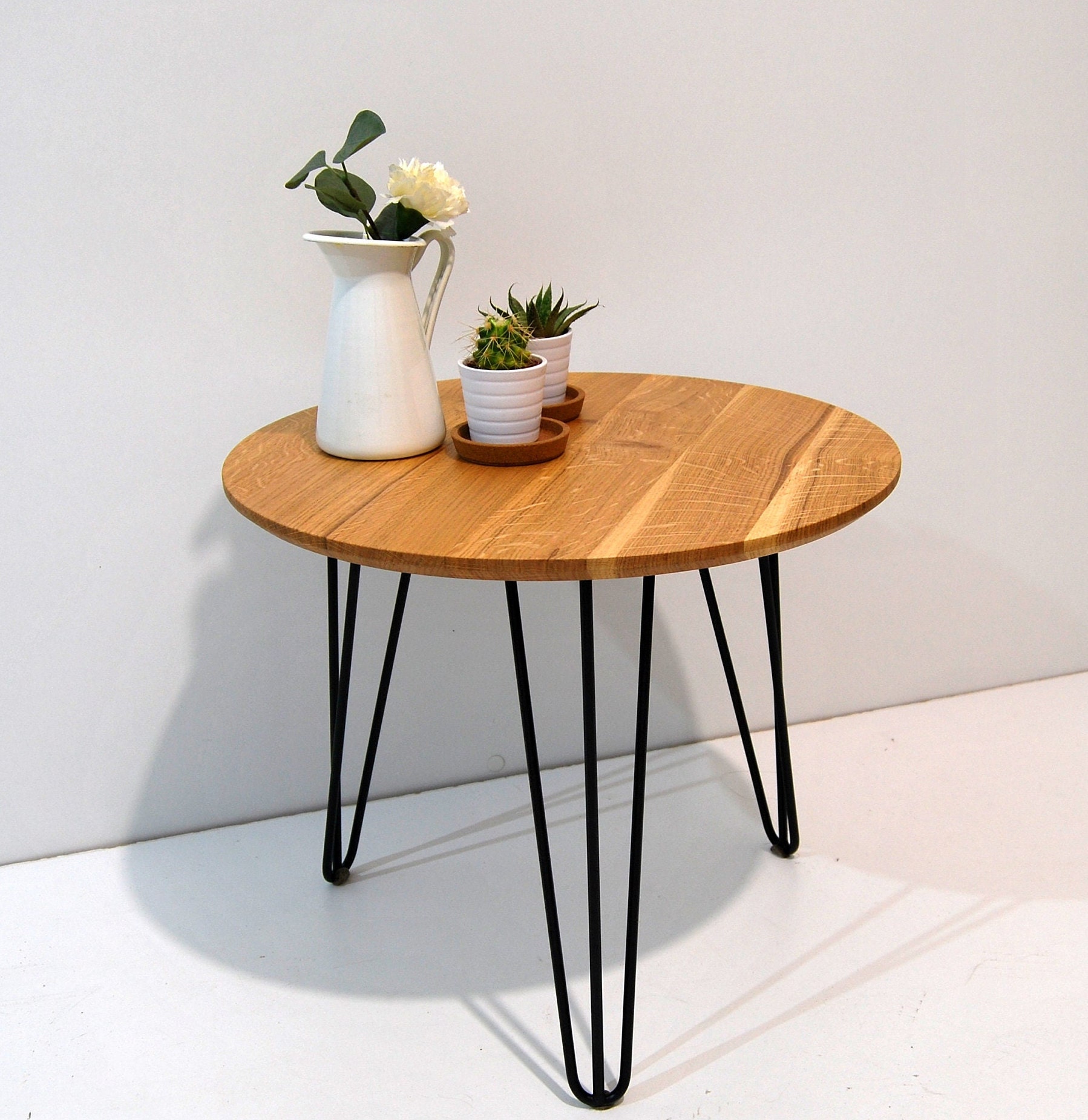 Solid Oak Round Side Table With Hairpin Metal Black Legs / Coffee