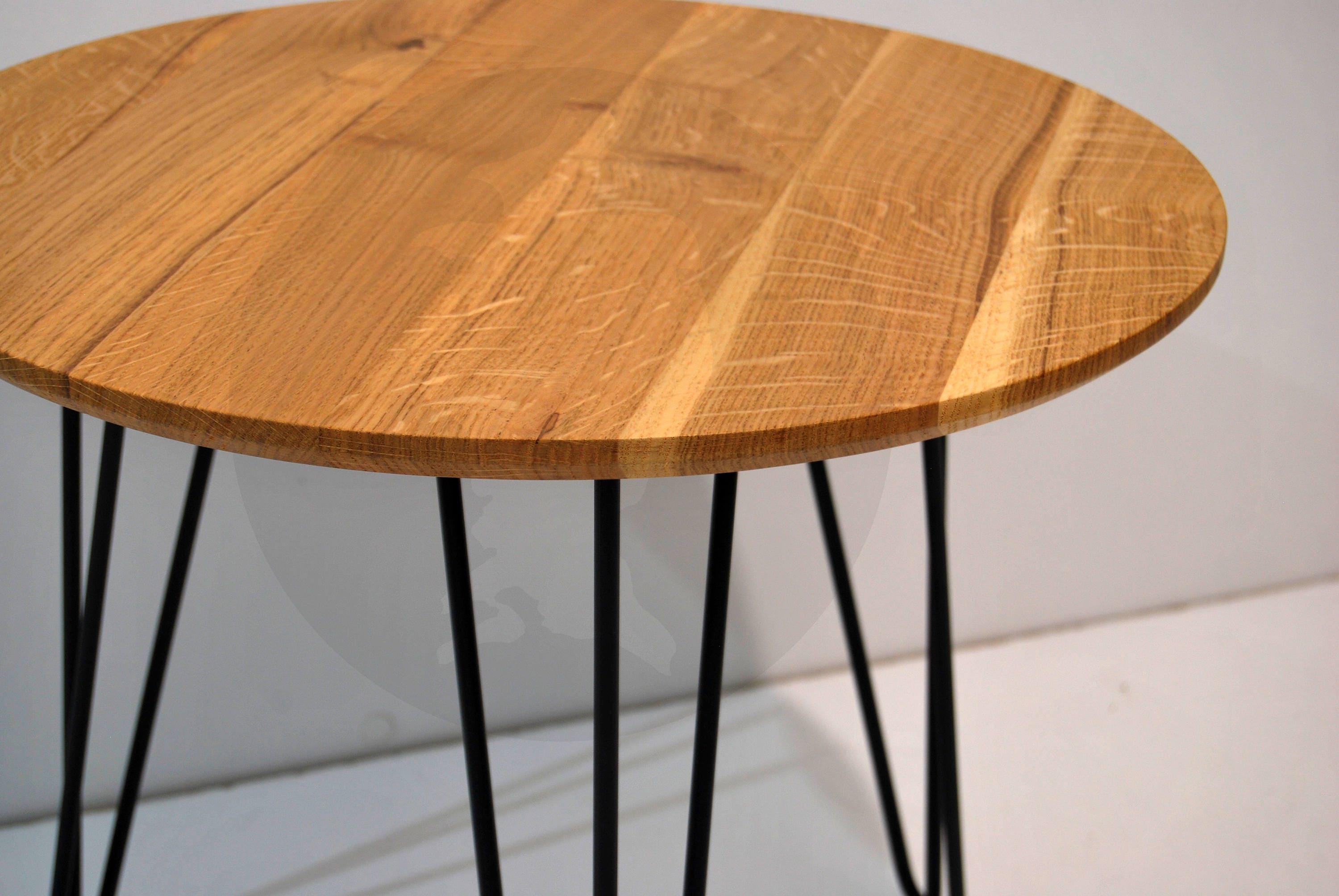 Solid Oak Round Side Table with Hairpin Metal Black Legs / Etsy
