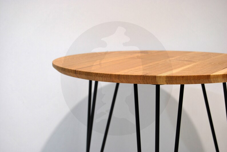 Solid Oak Round Side Table with Hairpin Metal Black Legs / Etsy