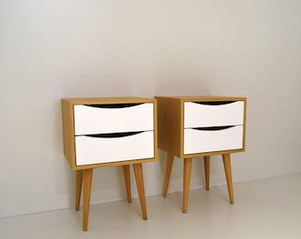 Para szafek nocnych, stolik nocny, stolik boczny z jedną szufladą lakierowaną na biało, skandynawski design, mid century modern, retro