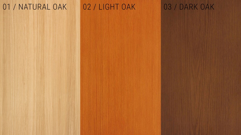 May include: Three wood samples showing different shades of oak: natural, light, and dark. The samples are arranged vertically, with the natural oak on the left, the light oak in the middle, and the dark oak on the right.