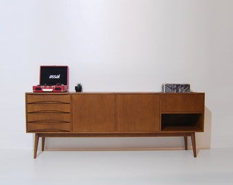 Buffet moderne du milieu du siècle / Grands meubles de salon / Console avec tiroirs / Unité de rangement pour disques vinyles LP / Scandinave