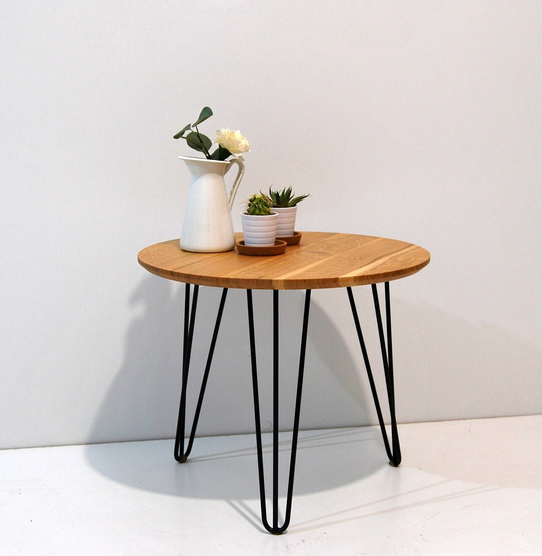 Solid Oak Round Side Table With Hairpin Metal Black Legs Coffee