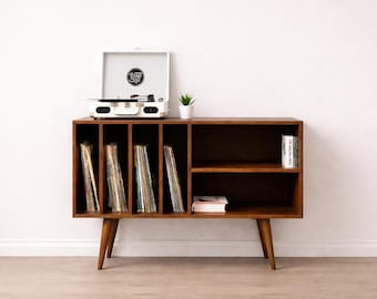 Almacenamiento de discos de vinilo, aparador moderno de mediados de siglo, consola multimedia, mueble para discos, muebles de mediados de siglo, diseño sandinista, retro