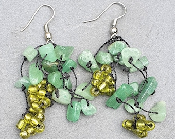 Jade Green Gemstone  & Glass Beads Flowing Multi Strand Chandelier  Earrings