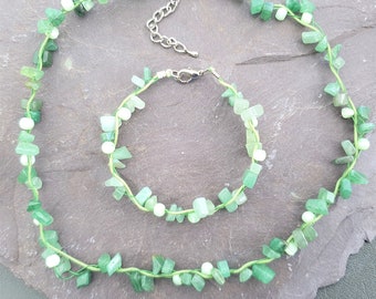 Jade Gemstone & White Cats Eye Beads Necklace Bracelet or Set Hand Made